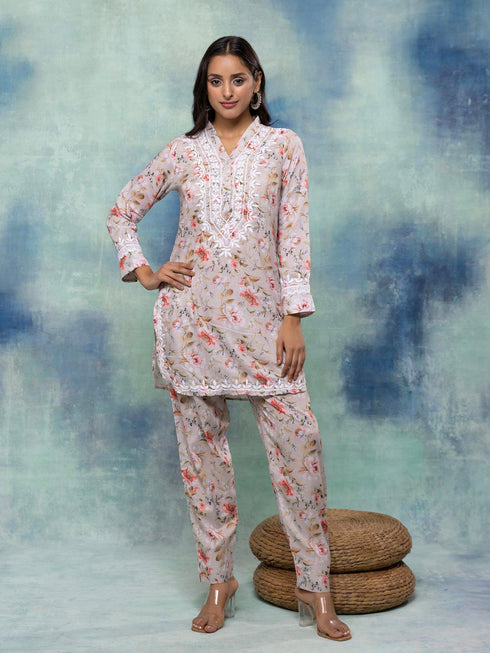 Fizaa Chikankari Co-ord set in Printed Rayon Cotton for Women- White Mulberry
